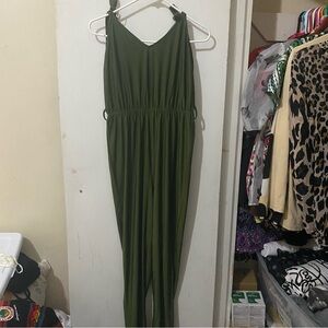 Olive Green Women's Jumpsuit - Sleeveless V-Neck